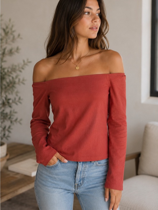 Theory Tops - Theory Aprine Off Shoulder Linen Blend Top Medium Coral Pink Zip Back